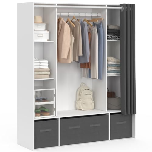 IDMarket - Dressing double penderie DIANE 140 x 45 x 167 cm blanc avec étagères + boites de rangement + rideau gris