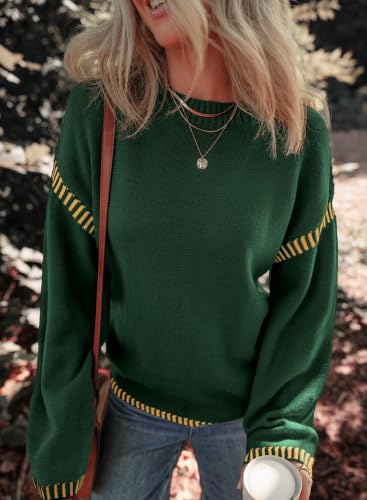 Image of Dokotoo Sweaters for Women Crewneck Long Sleeve Contrast Cable Knit Tops | Early Fall Fashion, Solid Loose Fit Pullover Sweaters, Oversized Stitching Fall Clothes Outfits, Winter Clothing for Women