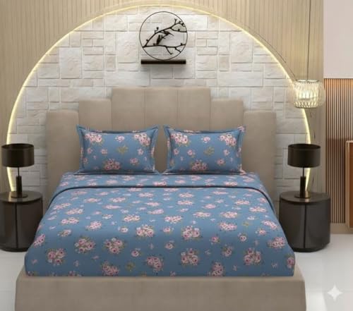 Image of 3D Print 180 TC Cotton Feel All Around Elastic Fitted Bedsheets King Size, for Double Bed with 2 Pillow Covers, Size- 78 inch x 72 inch (Blue Flower)