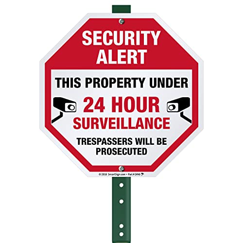 SmartSign 10" x 10" 'Security Alert Property Under 24 Hour Surveillance, Trespassers Prosecuted' Yard Sign with 3 ft Stake, 40 mil Laminated Aluminum, Red/Black/White, Set of 1