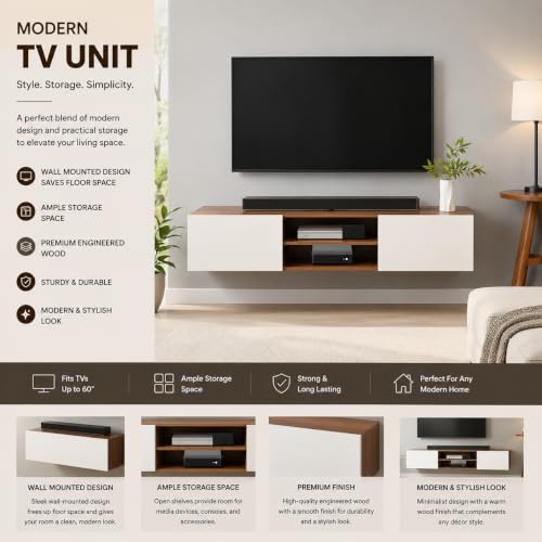 Image of FURNEASER Sasia Modern Wall Mounted TV Unit for 32 /42 /55 Inch TV | Floating Entertainment Unit with Storage | Engineered Wood TV Cabinet for Living Room | TV Stand with Doors (Exotic Teak & White)