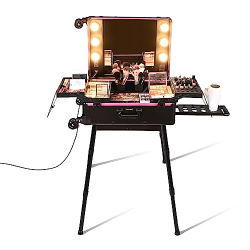 BYOOTIQUE Rolling Makeup Case with LED Lighted Mirror 26 inch Extra Large Cosmetic Organizer Storage Trolley Case with Extendable Tray Adjustable Leg For Makeup Artist Studio Travel Salon