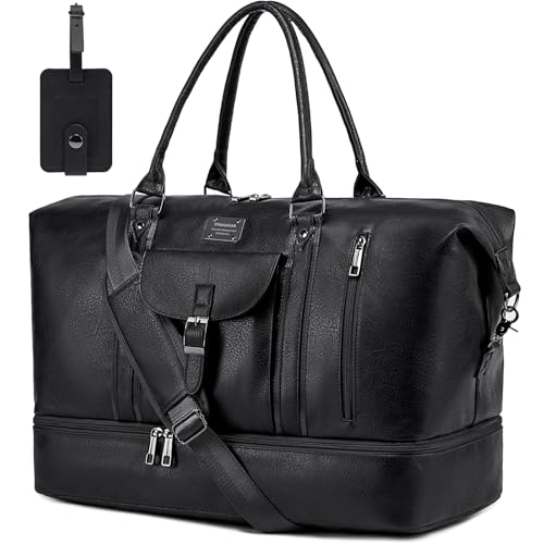 weiatas Faux Leather Travel Duffel Bag for Women Men, Large Weekender Overnight Bag with Shoes Compartment, Waterproof Carry On Bag Travel Tote Bag Gym Bag with Luggage Strap (Black)