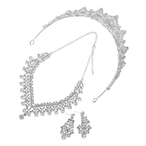 Tiara de boda para novia y juego de collar con pendientes de diamantes de imitación 1