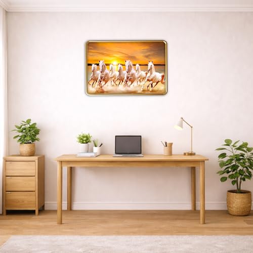 Image of XOPY Seven Running Horses with Golden Frame | Vastu 7 horses Raw Pyrite Painting for Home, Office & Living Room Wall Decore | 12X18 Inch Sparkle Laminated Frame | Best For Gifting (3096, 12X18)