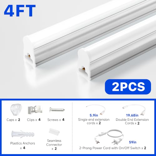 Image of Ensenior 2-Pack T5 LED Shop Lights, 4FT 2000LM 6500K Super Bright White Integrated Single Fixture, 20W Linkable Utility Commercial Lighting for Gym /Garage /Ceiling /Under Cabinet, Plug & Play, FCC