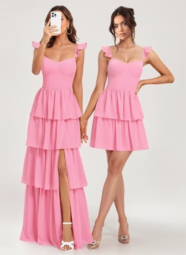 Dessiny Spaghetti Strap Detachable Bridesmaid Dresses with Slit 2025 Tiered Cocktail Party Dresses with Ruffles DE4563