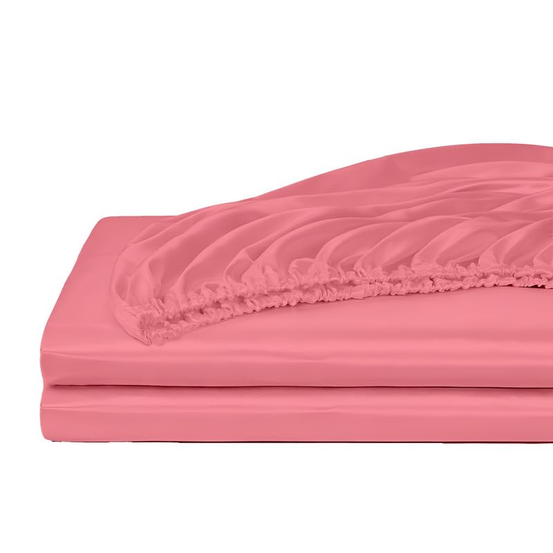 Image of Filbert - Premium Satin Fitted Bedsheet Single Bed (36x75 Inch) with 1 Pillow Cover | Hypoallergenic Breathable | Hair and Skin Friendly, Women Gift Choice|Coral Pink