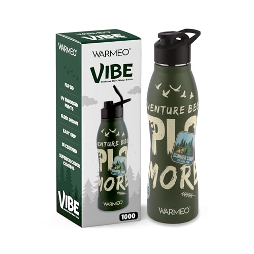 Image of WARMEO VIBE 1000 Stainless Steel Water Bottle 1000 ml | Adventure Theme 3D Embossed Design | Single Walled, ISI Certified I Leak Proof Lid, Rust Proof I For School, Office, Gym I Green