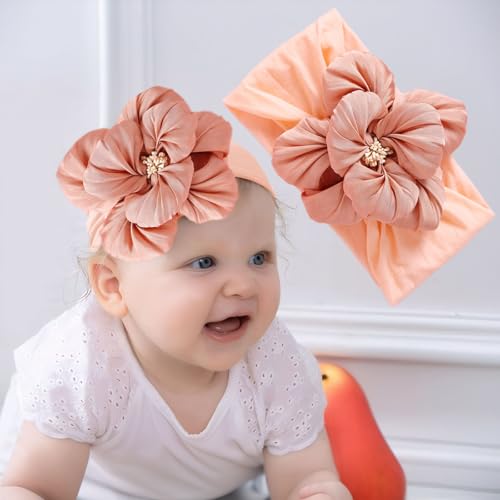 Baby Girl Nylon Flower Headbands, 5 Pack Soft Elastic Hair Bows, Assorted Colors (Samlon Pink, Standard Small)