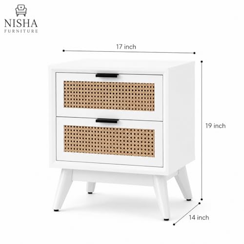Image of Bedside Table for Bedroom and Hotels | Wooden Bed Side Nightstand Lamp Table with 2 Drawers Storage | Premium Solid Wood Side End Table for Living Room | Rattan Cane- White Finish