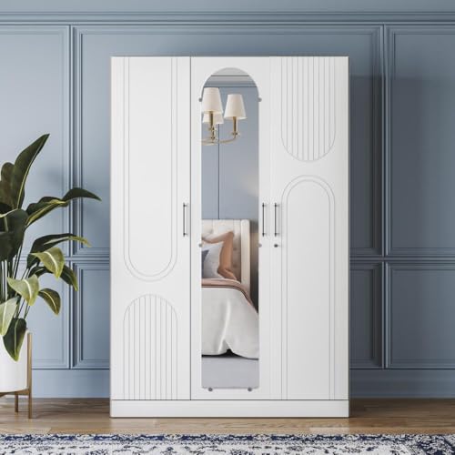 Image of Wakefit Wardrobe for Bedroom | 3 Yr Warranty | Cupboard for Bedroom, Almirah, Wooden Wardrobe, Comes with LED light, Storage Drawer, Mirror & Hanger, Density:680-750kg /m, Free Installation(Tyrian-FW)
