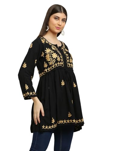 Image of FAWOMENT Women's Ethnic Modish Rayon Short Top with Fine Lucknow Chikankari Aari Embroiderey