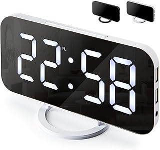 Virklyee Elektroniczny Budzik LED Lustro Budziki Zegarki na Biurko Inteligentny Czujnika Termicznego Światła, Tryb Nocny, Wyłącz Pamięci, SNOOZE, Z 2 portami ładowania USB, Z Podstawą(Biały)