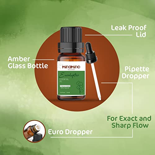 0.33 Fl Oz-Minamino Eucalyptus Essential Oil In Amber Glass Bottle With Euro And Pipette Dropper-100% Pure&Therapeutic Grade Essential Oil For Aromatherapy,Diffuser,Humidifier,Steam #TOP1