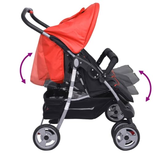 Vidaxl Passeggino Gemellare In Acciaio Rosso E Nero Carrozzina Tandem Bambini - 4