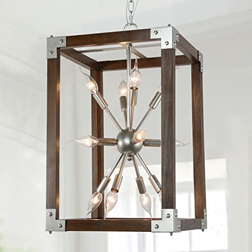 22.7"H Farmhouse Chandeliers for Dining Room,12-Light Silver Sputnik & Brown Wooden Foyer Rectangle Lantern Pendant Light Kitchen Hanging Lighting Fixtures for Kitchen Island Living Room Entryway