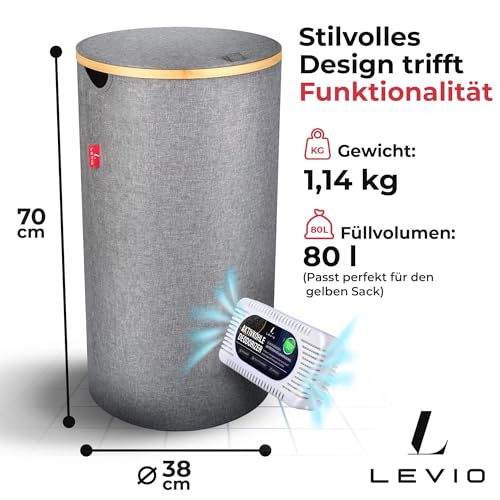 Levio® Gelber Sack Ständer mit Deckel – Müllsackhalter & Müllsackständer [80L mit Geruchsfilter] – Mülleimer Gelber Sack Indoor – Stabiler Ständer für Gelben Sack – Gelbe Säcke Behälter (Grau)
