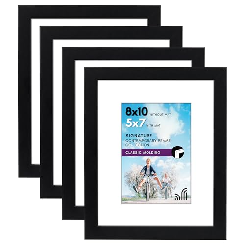 Americanflat 8x10 Picture Frame with Shatter-Resistant Glass - Set of 4 - Use as 5x7 Frame with Mat or Display 8x10 Photo Without Mat - Signature Collection - Photo Frames for Tabletop or Wall - Black
