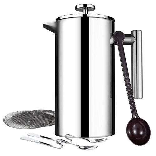 Piterville - French Press Coffee Maker - Double Wall Stainless Steel - Best French Coffee Press for 8 Coffee Cups - 1 Liter (34 oz) - With Bonus - 1 Extra Filter and 1 Coffee Scoop