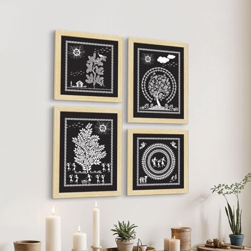 ArtX Paper Warli Indian Village Mandala Art Framed Wall Art Painting, Multicolor, Abstract, Set of 1