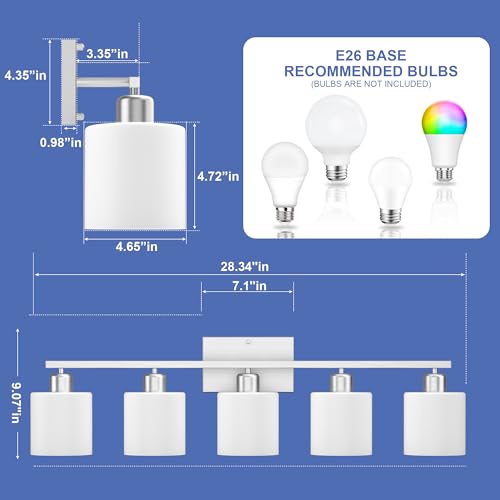 Image of Bathroom Lights Over Mirror Brushed Nickel, Anti-Rust 5-Light Bathroom Vanity Light Fixtures, Modern 28.34Inches Wall Sconces E26 Base, Milky White Glass Shades, Bulbs Not Included