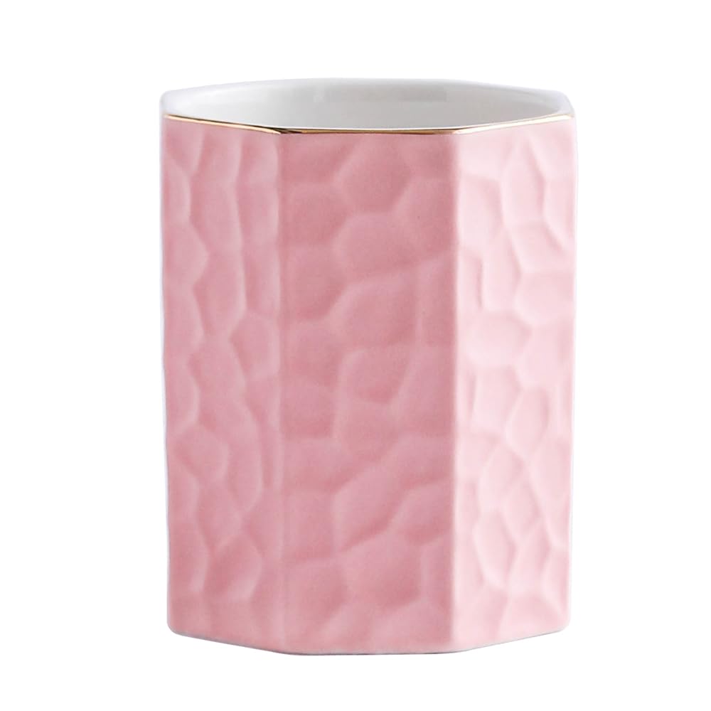 Ceramic Pen Holder for Desk Cute Octagon Shaped Pencil Holder Cup Pot Desk Organizer for Office Decor Makeup Brush Holder (Pink)