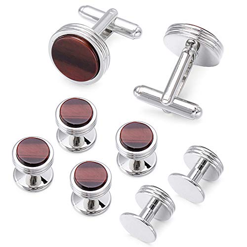 Mens Cufflinks and Studs Set for Tuxedo Shirt Mother of Pearl with a Gift Box (Tiger Eye Stone)
