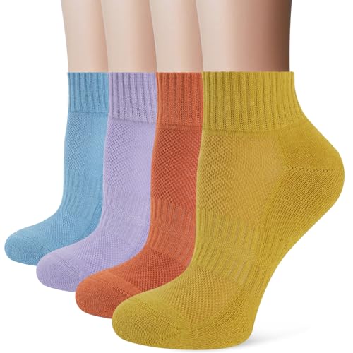 Image of Stoeury White Sports Ankle Socks Women, Anti Blister Cushioned Quarter Socks Mens Black, Ladies Trainer Walking Running Sock, Breathable Cotton Casual Athletic Gym Sock 4 Pairs, Multicolor 3-5