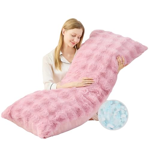 YZ HOME Faux Fur Fluffy Body Pillow for Adults - Firm Body Pillow Insert with Shredded Blue Memory Foam Adjustable Height Soft Support for Side Sleeping Pregnant Women Washable 20x54 Inch (Pink)