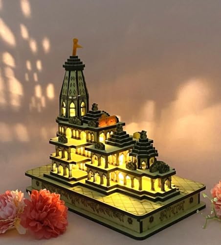 Image of eXme Ram Mandir Ayodhya Model 3D Replica Handcrafted Wooden Traditional - Intricate MDF Craftsmanship, Authentic Design with Multicolour Light, Size (6x4) inch