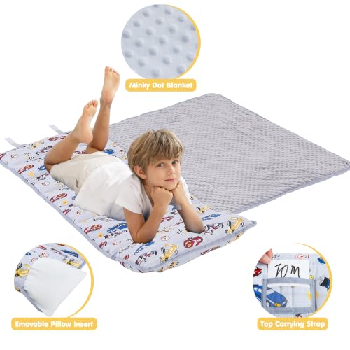 Image of Viviland Toddler Kid Nap Mat for Preschool, Boys Grey Race Car Slumber Bag, Daycare Sleeping Bag with Pillow and Blanket, Kindergarten Sleep Mat