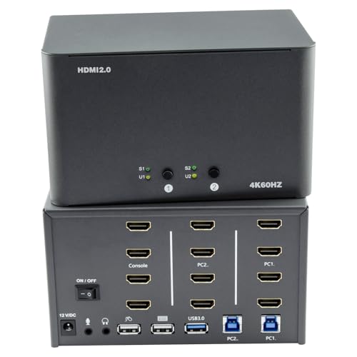 KVM Switch 4 Monitors 2 Computers, HDMI 4K@60Hz KVM Switch with USB3.0, 2 Computers Share One Set of Keyboard, Mouse and Monitors, Supports Windows/Mac/Linux