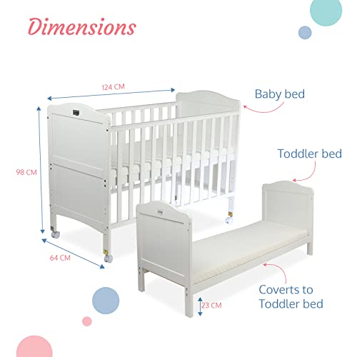 Image of LuvLap Cot C-65 Wooden Baby Cot for Kids with Mattress, 3 Level height adjustment, Convertibleinto low toddler bed, Made of New Zealand Pine Wood, Suitable for Newborn babies (White)