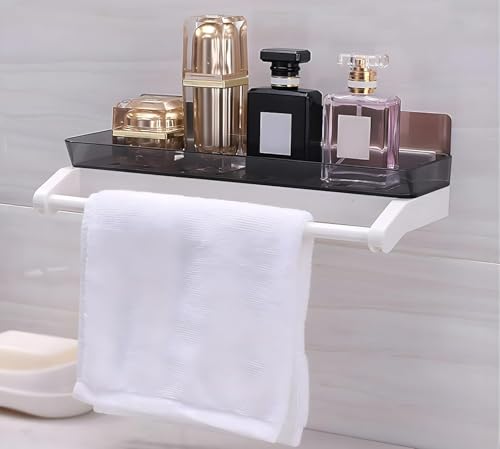 Image of XMART INDIA No Drilling Bathroom Storage Shelf with Towel Bar, Wall Mounted Storage Rack with Towel Holder, Self Adhesive Plastic Shelf for Shampoo, Soap, Cosmetics & Kitchen Use (2)