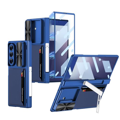 For Samsung Galaxy Z Fold 7�p�P�[�X�A�J�[�h�X���b�g�ƒ��߉\�ȃX�^���h�t���A�X���C�h�J�����J�o�[�A�X�N���[���v���e�N�^�[�q���W�A���h�~�V�F��(Blue)
