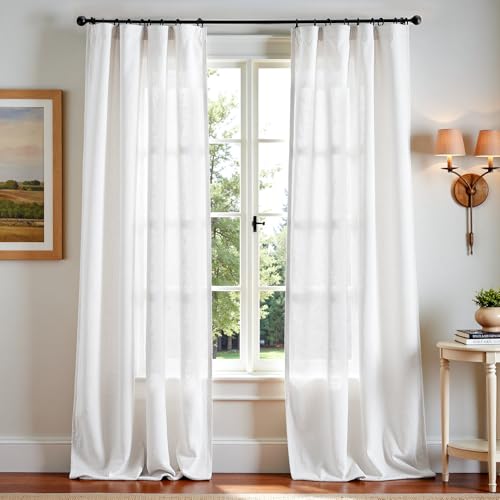 Image of jinchan Linen Curtains Light Filtering Back Tab 50x102 Inch 2 Panels White