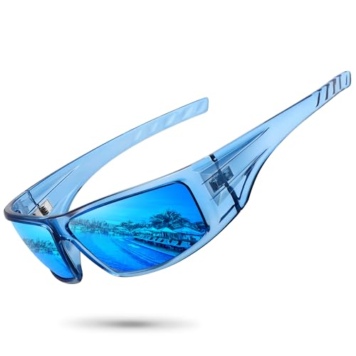 Ofwin Polarized Sports Sunglasses for Men Women Unbreakable Frame Cycling Fishing Wrap Around Sunglasses UV400 Protection Clear Blue Frame/Blue Mirror Lens