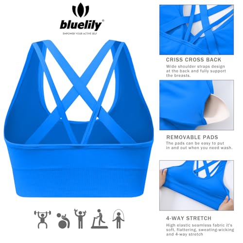 Image of BLUELILY Sports Bra for Women Medium Support Criss Cross Strappy Bras Seamless Padded High Impact Yoga Athletic Exercise Bras