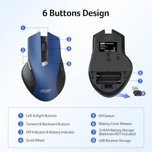 Image of Acer Wireless Mouse for Laptop, 2.4GHz Computer Mouse 3 Adjustable DPI Office Cordless USB Mice with USBA Receiver, 6 Buttons, 1600 DPI, Medium to Large Sized Hands (Blue)