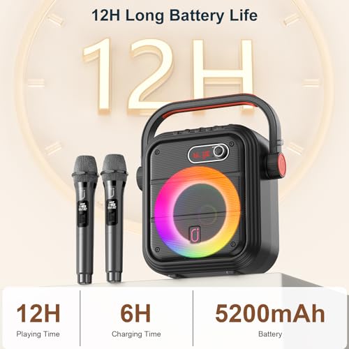 Image of JYX Karaoke Machine with 2 Wireless Microphones, Portable Bluetooth Speaker PA System with Shoulder Strap, RGB Lights, Subwoofer Support TWS, USB, Radio, AUX, REC, Bass&Treble for Home Party /Adults