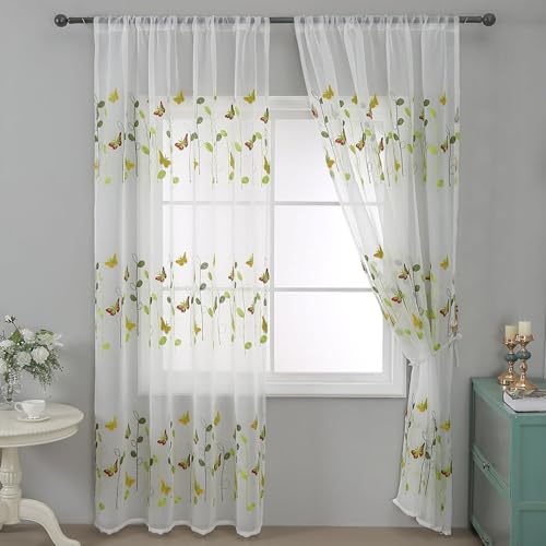 Homxi Cortina Salon Semitranslucida 2 Paneles,2 x 100W x 200H CM,Cortinas Salon Patrón de Mariposas y Hojas Blanco Verde Cortinas de Bolsillo para Varilla