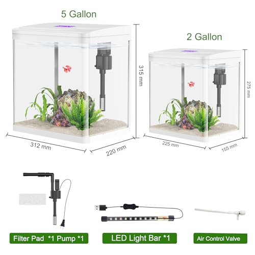 Aquário de vidro Betta de 2 galões, aquário pequeno com filtro e luz, aquário autolimpante.