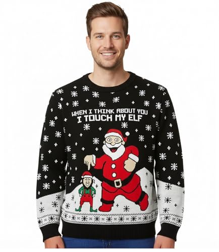 Tstars I Touch My Elf Funny Ugly Christmas Sweater - Hilarious Holiday Sweatshirt for Men or Women Naughty Xmas Top X-Large Multicolor