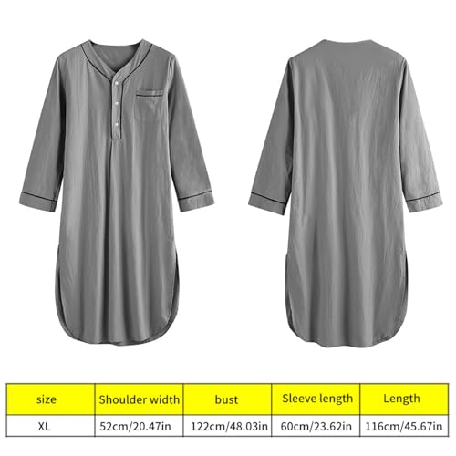 mens nightgown Men's Nightshirt Long Sleeve Night Sleep Shirts Soft Comfy Nightgown Mid-Length Pajama, XL, Grey2