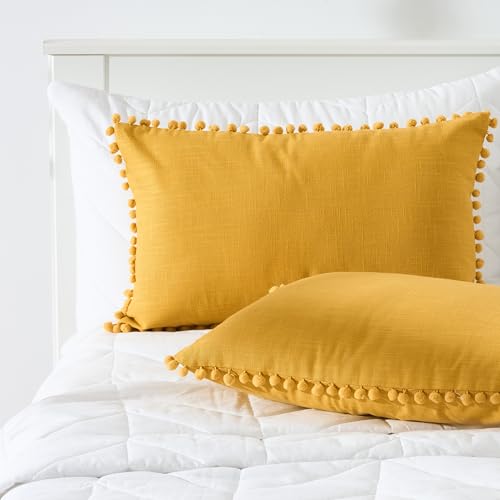 Image of 100% Cotton Pom Pom Cushion with Filler, Elegant & Modern Cushion Cover for Living Room, Rectangle, 12 inchx20 inch, uni slub, Set of 3 - Mimosa
