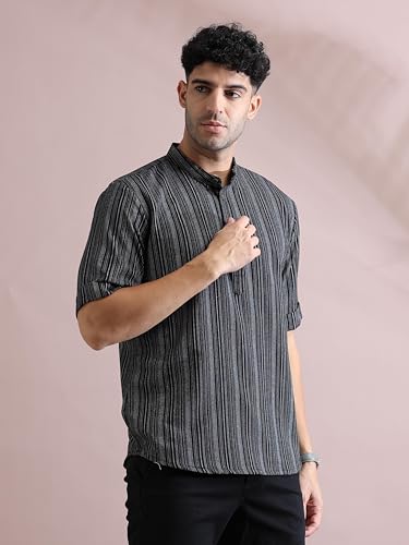 Image of Filori Lurex Checks Design Short Kurta | Pure Cotton | Half Sleeves | Mandarin Collar