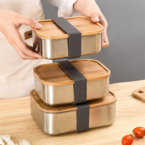 SePkus Fiambrera para microondas de Acero Inoxidable con Cubierta de Madera, vajilla Bento Box para Escuela, Oficina, Comida portátil (D,M) (DM)