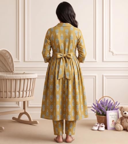 Image of DUMMY SHAPE Maternity Dresses for Women Cotton | Floral Kurta Pant Dupatta Set with Nursing Zippers, Side Pocket | Pre & Post Pregnancy | Feeding Kurti Suit | Baby Shower | Gifts for Pregnant Woman