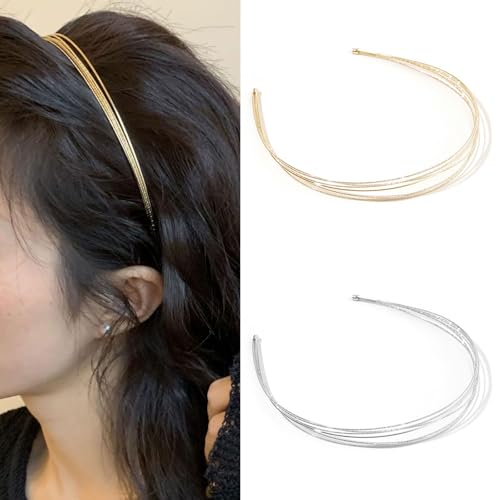 Mezrkuwr 2 pezzi cerchietti in metallo a più strati per donne, fascia sottile alla moda, elegante accessorio per capelli, copricapo per ragazze, argento+oro